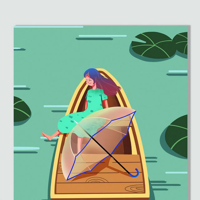绿色卡通女孩划船清明节踏青插画