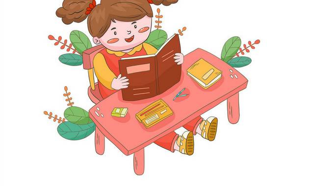 手绘卡通人物元素书桌前读书的小女孩