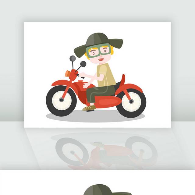 手绘卡通儿童插画骑红色摩托的小男孩