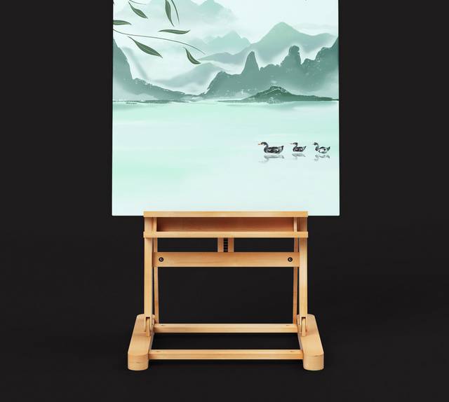 水墨绿水青山红日小清新手绘风景插画