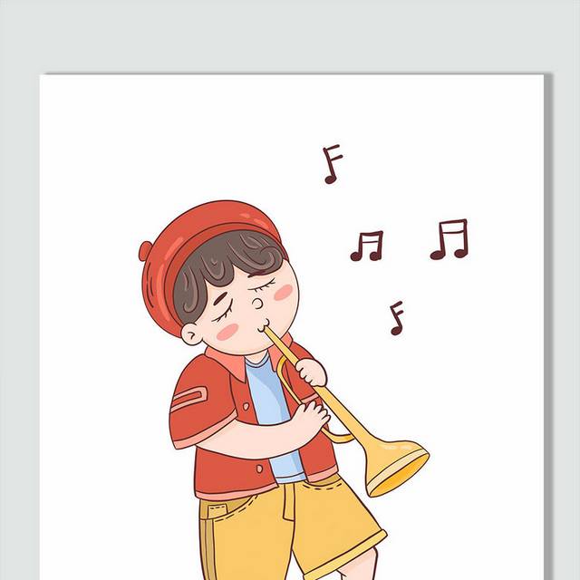 可爱卡通手绘吹喇叭玩音乐的小男孩
