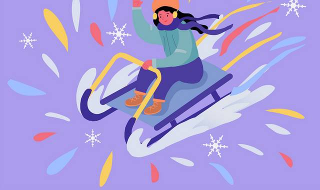 手绘卡通扁平风女孩冬天雪地滑雪橇插画元素