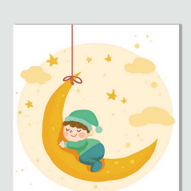 卡通睡着月亮上的小孩