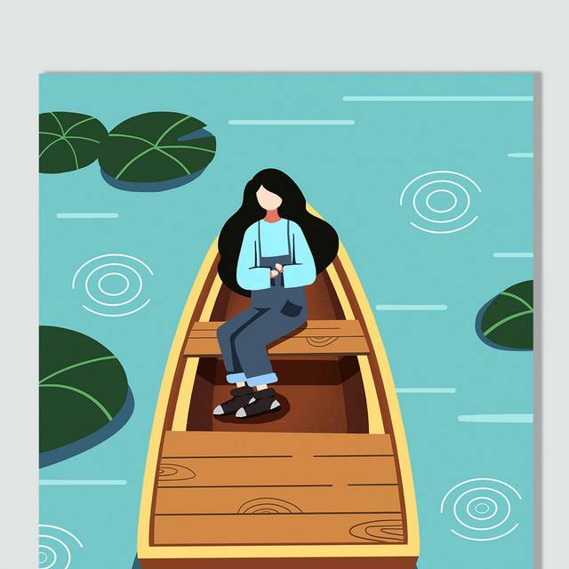 卡通女孩划船清明时节插画