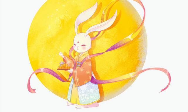 手绘中秋节古装月亮玉兔素材