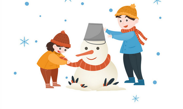 手绘卡通冬天雪地小孩子堆雪人游戏场景插画元素