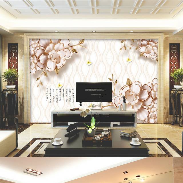 新中式立体花卉奢华客厅背景墙