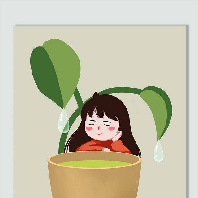 手绘卡通白露节气小女孩植物绿叶素材