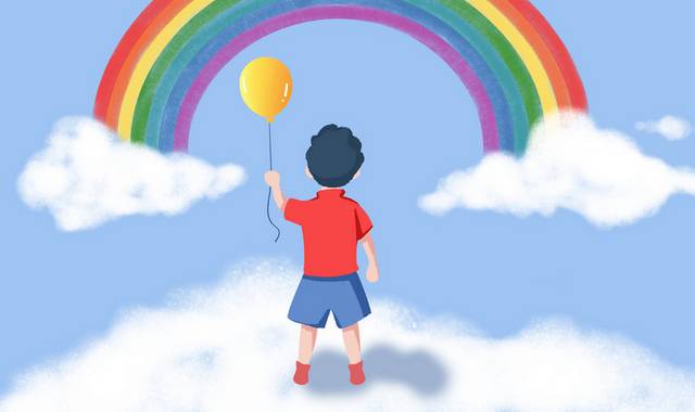 彩虹下抓着气球的小男孩61儿童节插画