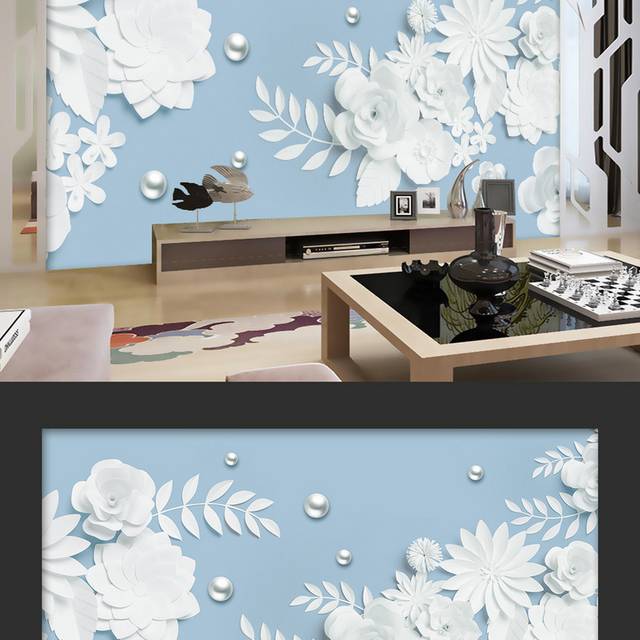 蓝底白色花卉小清新背景墙设计