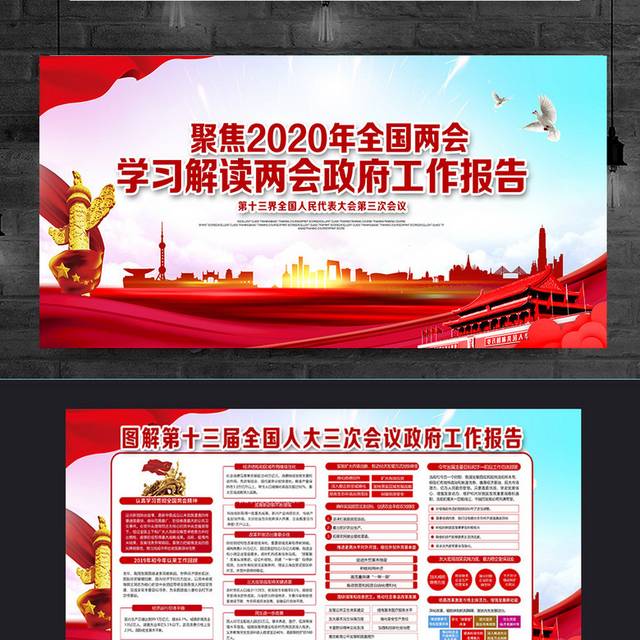 2020红色大气聚焦全国两会政府工作报告宣传栏展板设计