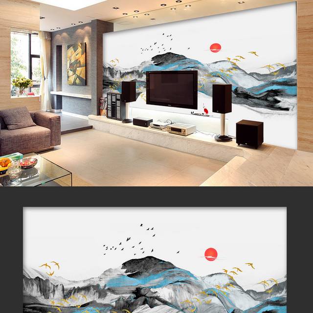 现代新中式山水画背景墙