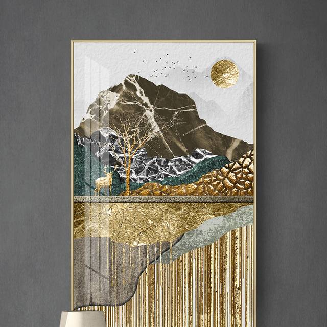 新中式抽象山峰麋鹿金色轻奢装饰画