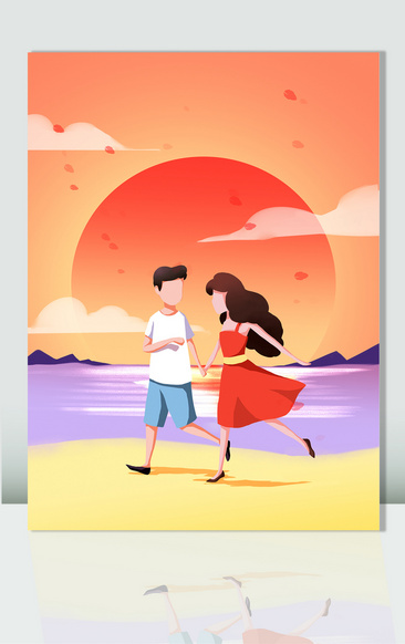 情侣海边散步动漫图片