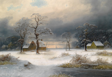 雪地上的房屋风景油画