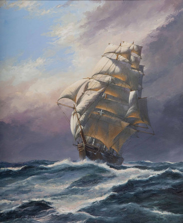 风暴里的帆船油画