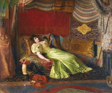 装饰画躺在床上的白裙女人宫廷油画装饰画躺在沙发上看书的女人宫廷