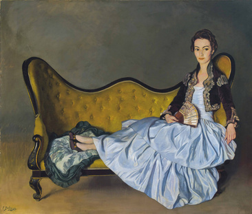 半躺在沙发上的蓝裙女人宫廷油画装饰画