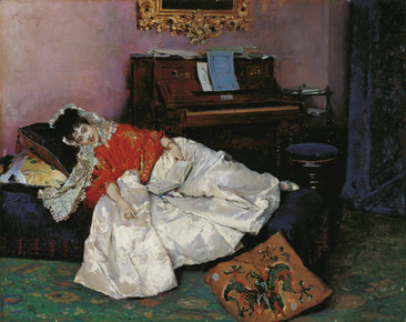 躺在沙发上看书的女人宫廷油画装饰画