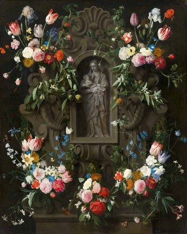 围绕着圣母玛利亚雕像的花环油画素材