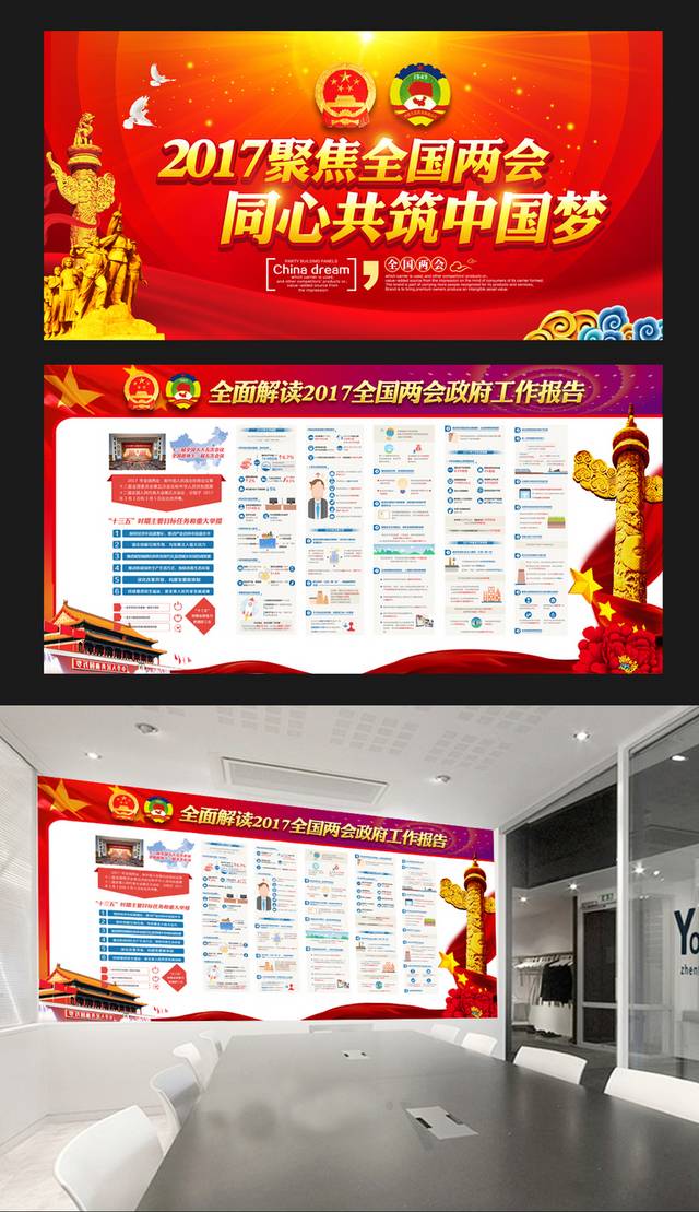 全面学习两会精神政府工作报告党建展板