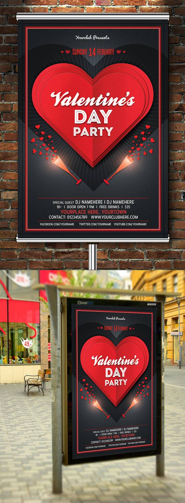 红色爱心情人节海报模板