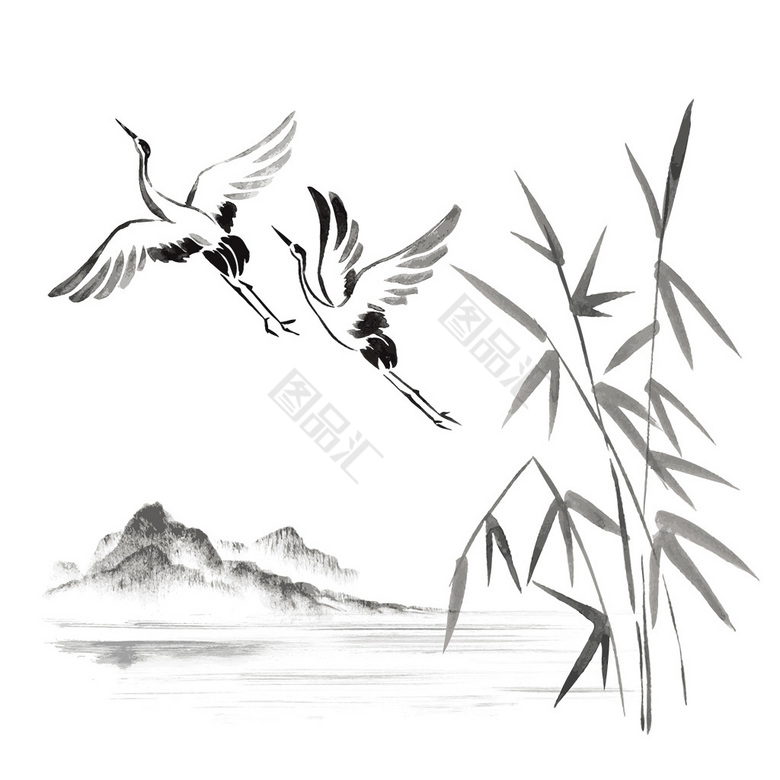 激安挑戦！！ 水墨仙鹤素材_图品汇 絵画/タペストリー