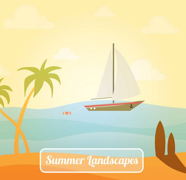 帆船和椰子树风景