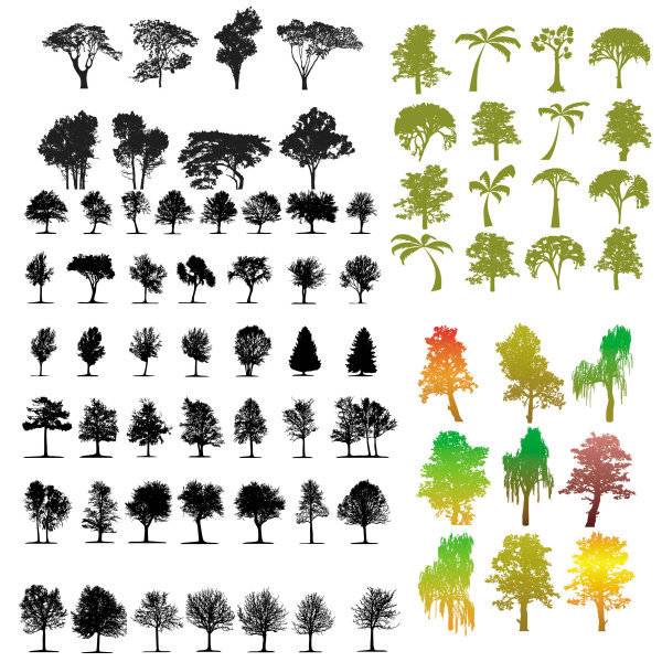 多种树木剪影