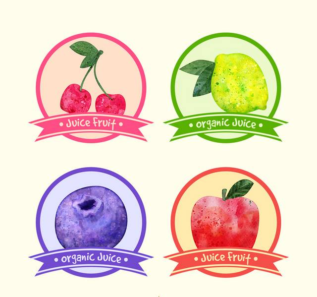 四款水彩绘果汁标签