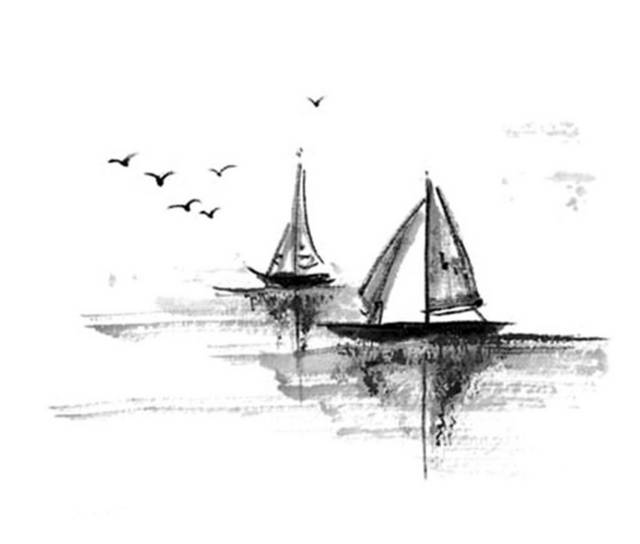 黑白水墨帆船