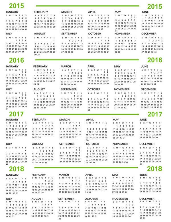 2015-2018年日历日期