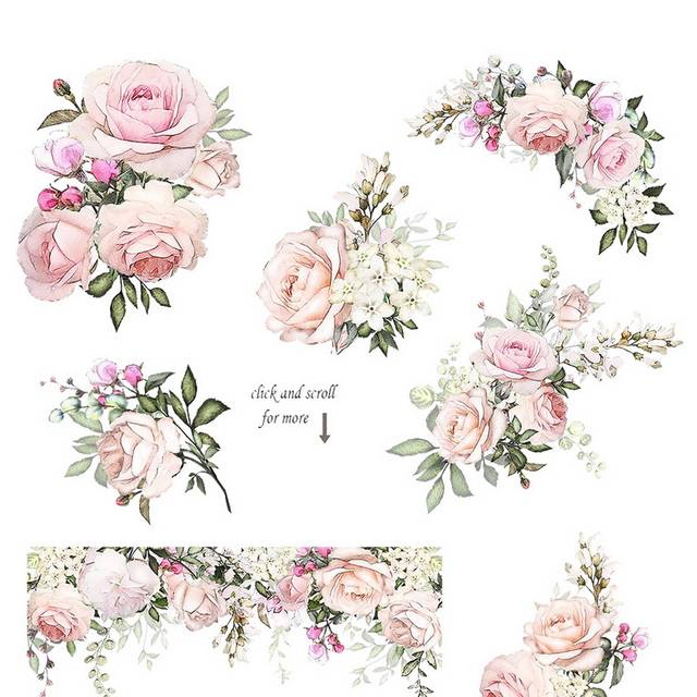 水彩手绘粉色玫瑰花花卉花环