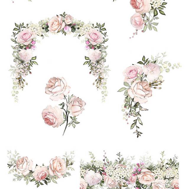 水彩手绘粉色玫瑰花花卉花环