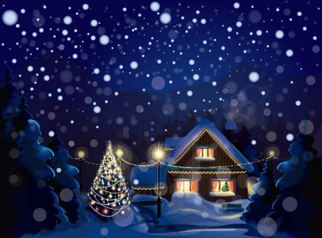 圣诞雪中亮灯的小屋