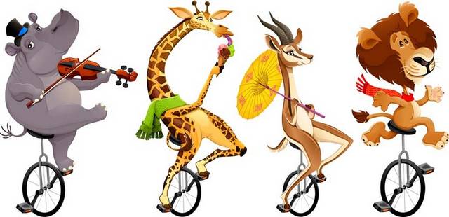 卡通长颈鹿等动物骑独轮车素材