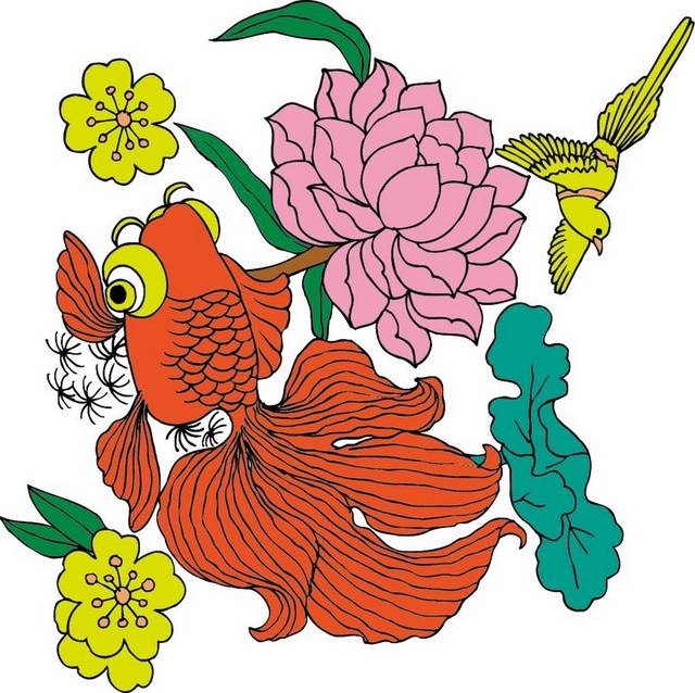 中国风金鱼和花素材