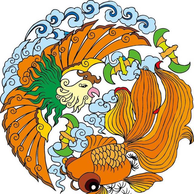 中国风鸟和金鱼素材