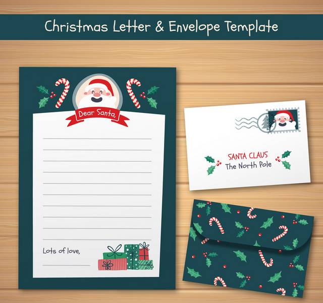 圣诞老人信封和信纸矢量图
