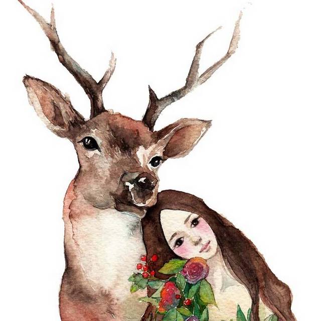 卡通素材少女与鹿