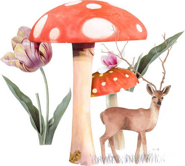 卡通鹿和大蘑菇素材