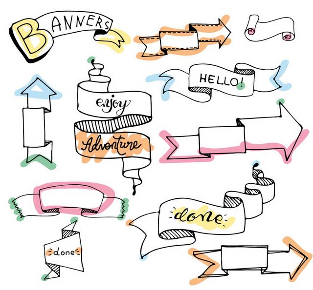 11款手绘丝带条幅矢量素材