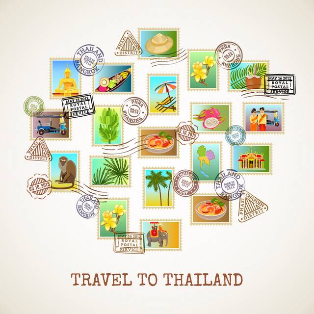 19张泰国风情旅行邮票矢量图