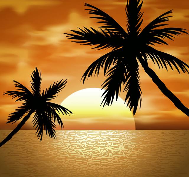 黄昏海边椰子树风景矢量素材
