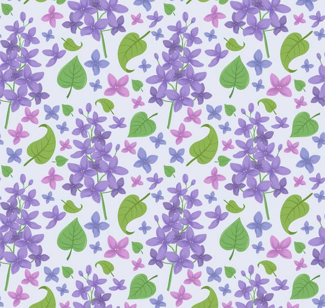 紫色丁香花和叶子无缝背景矢量图