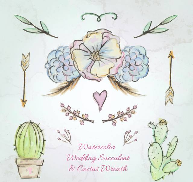 彩绘婚礼植物和装饰矢量图