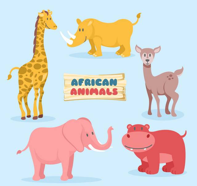 5款可爱卡通非洲野生动物矢量图