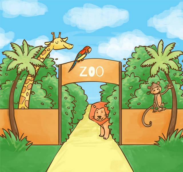 彩绘动物园大门和动物插画矢量图