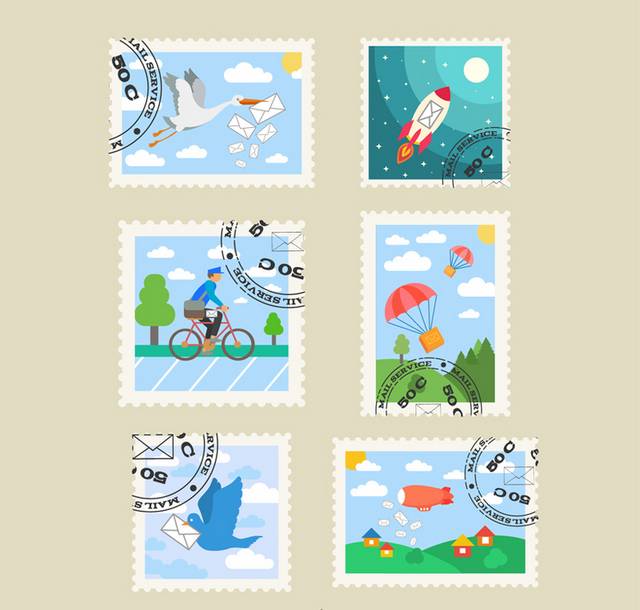 6款盖邮戳的邮票设计矢量素材