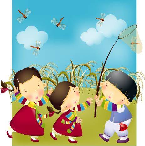 卡通儿童抓蜻蜓素材